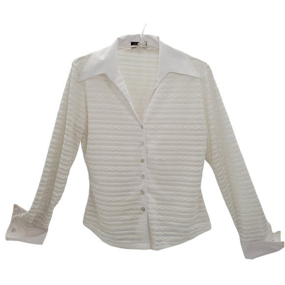 Vintage Jaipur White Sheer Striped Long Sleeve V-Neck Stretchy Button Up‎ Blouse - Picture 1 of 12